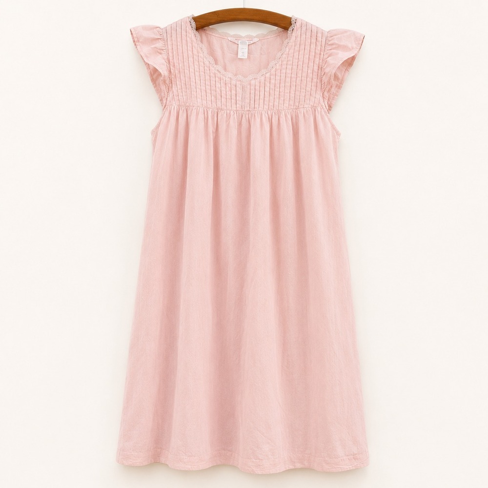 Adonna Nightgown Size L Pink Cotton Poplin Ruffle Sleeve Lace Cottage Tradwife